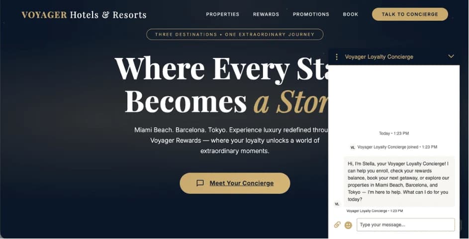 The Voyager loyalty concierge demo — Stella greeting a member and offering to check rewards or book a stay