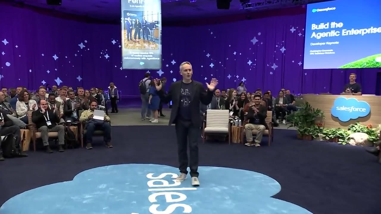 Christophe Coenraets opening the Dreamforce Developer Keynote, surrounded by the Salesforce developer community